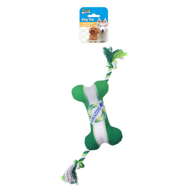 Squeaky Plush Dog Toy Bone W/Rope